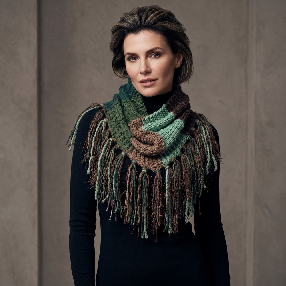 NEW Hand Knitted Boho Cowl Scarf Fringe Green Brown Cottage Indie Artsy Fall